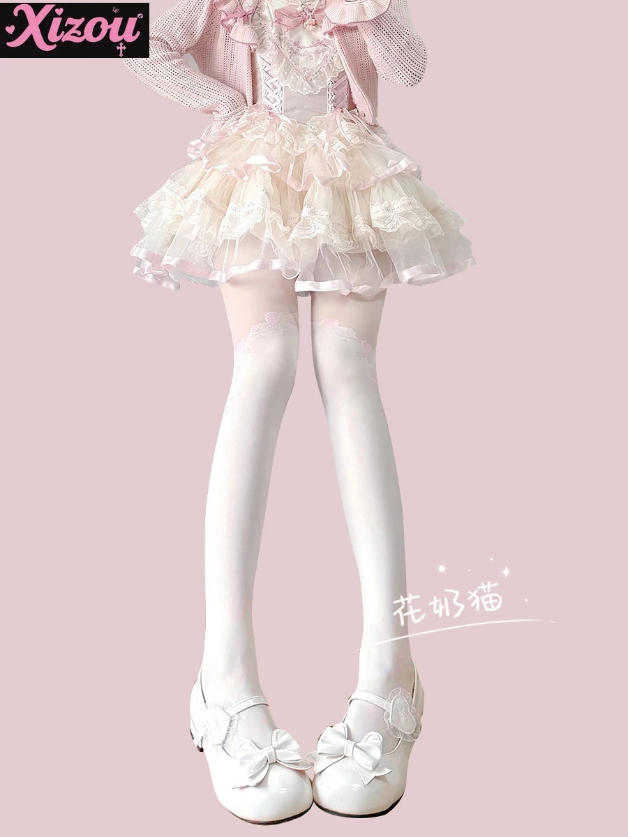 

Japanese Lolita Pink Roses Splicing Stockings Women's Spring Summer Thin Milk White Pantyhose Pure White Silk JK Bottom Socks