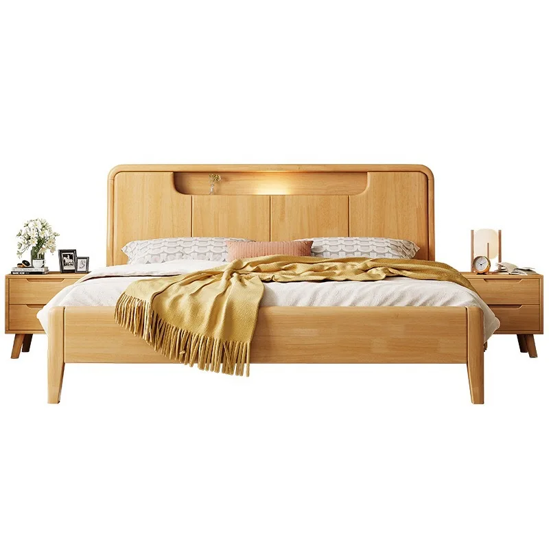 Solid wood bed master bedroom high box storage bed household double bed with night light