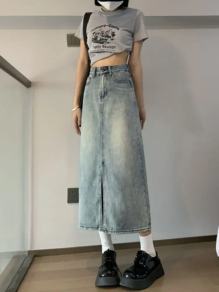 التنانير ذات الشق الأمامي للسيدات تصميم الدنيم ميدي ريترو عالية الخصر أنيقة على شكل حرف a كل مباراة مزاجه غير رسمي موضة الكورية نمط Faldas