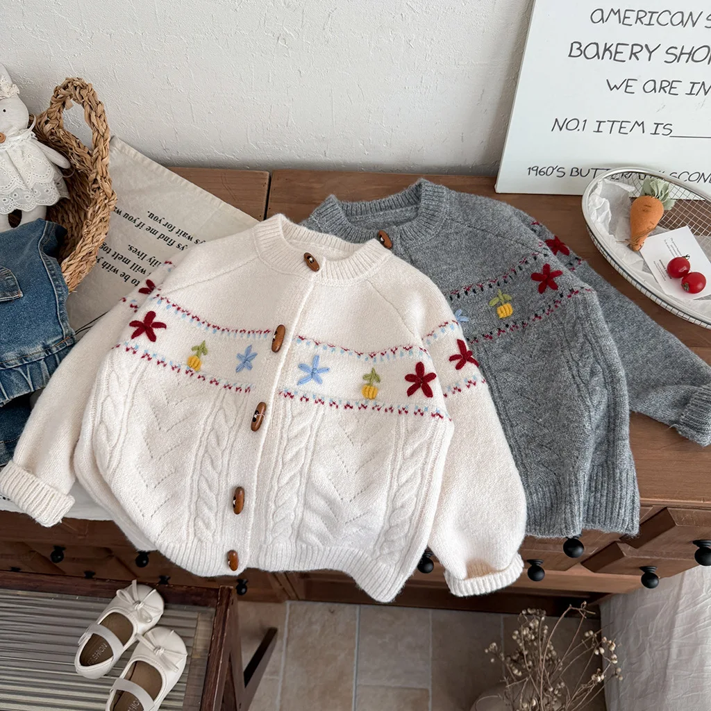 Fall Winter Kids Round Neck Long Sleeve Knit Cardigan Loose Vintage Embroidery Casual Stylish Childrens Wear Sweater Jacket