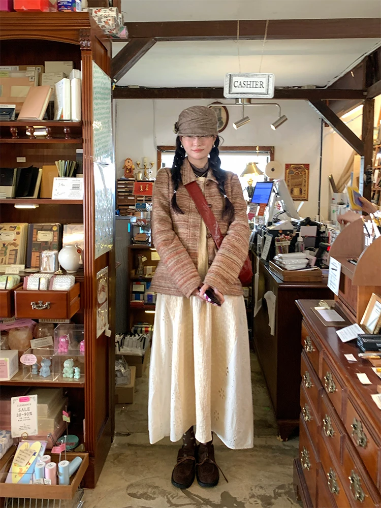 

MOWENTI Vintage Caramel Tones Plaid Women's Coat Autumn Winter New Sle Loose Fit Long Sve Button up Ladies Jaet