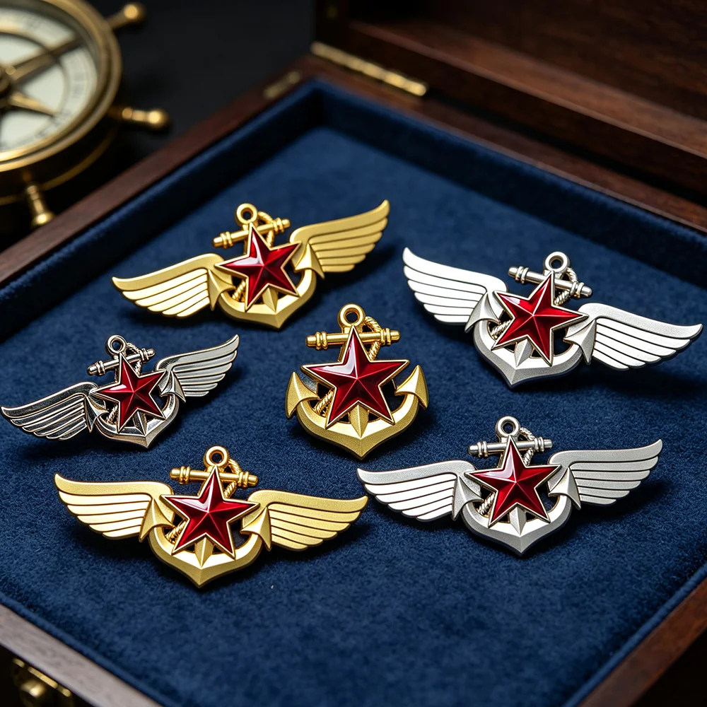 Golden and Silvery Red Star Anchor Wings Enameled Metal Pin Military Naval Aviation Badge Culture Medal Collection Gift 1PC