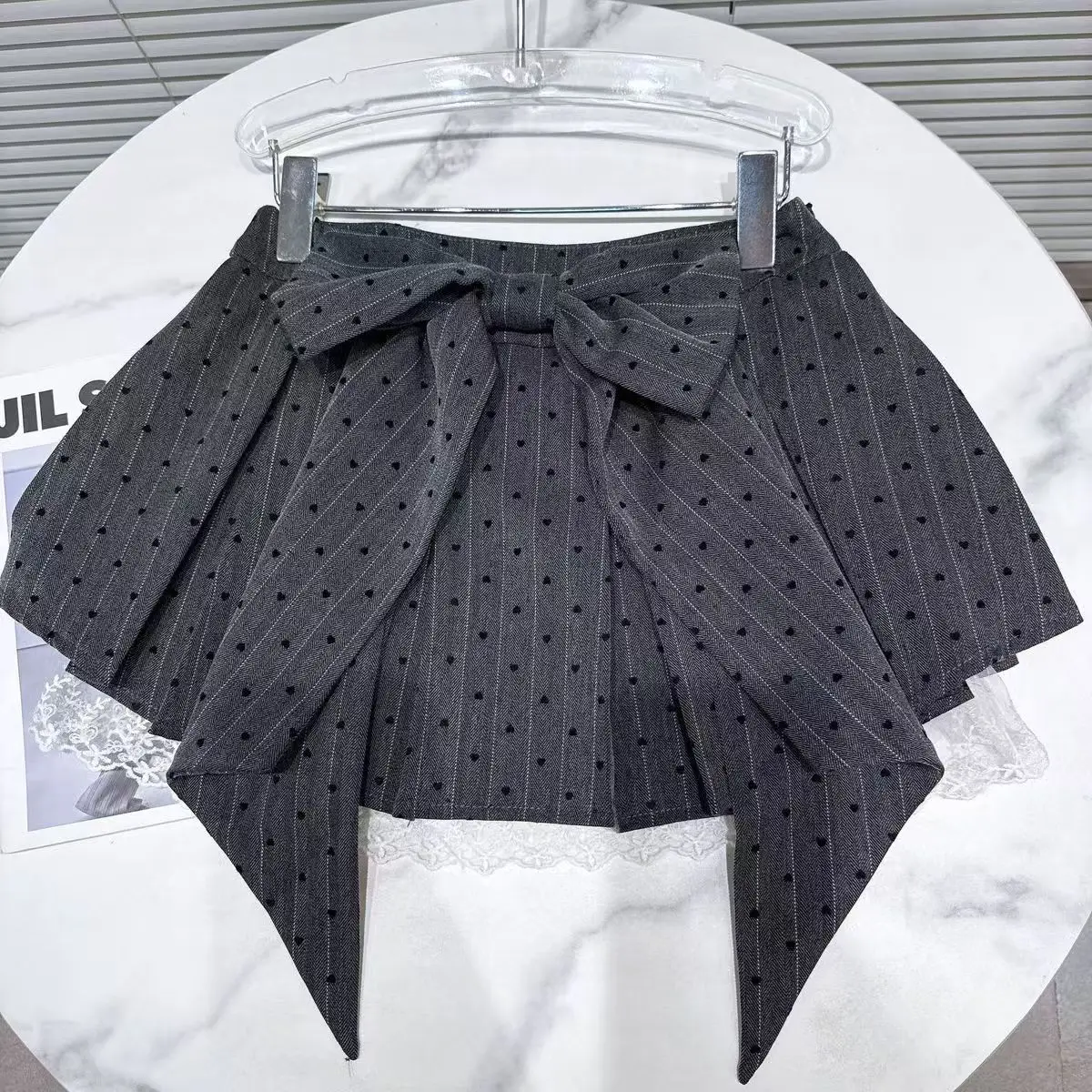 Y2K Aesthetic Gray Pleated Mini Skirt Women 2026 Summer Lolita Lace Patchwork Bow Striped Dot Print Cute Fashion Skirt