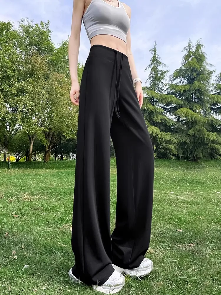 Modne spodnie damskie z wysokim stanem i szerokimi nogawkami, letnie, cienkie, z jedwabiu lodowego, luźne spodnie do jogi, szybkoschnące, chroniące przed słońcem, o prostym kroju.