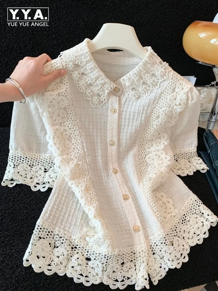 

Sweet Ladies Turn Down Collar Lace Pearl Short Sleeves Shirts Versatile Single-Breasted Solid Color Female Straight Blouses