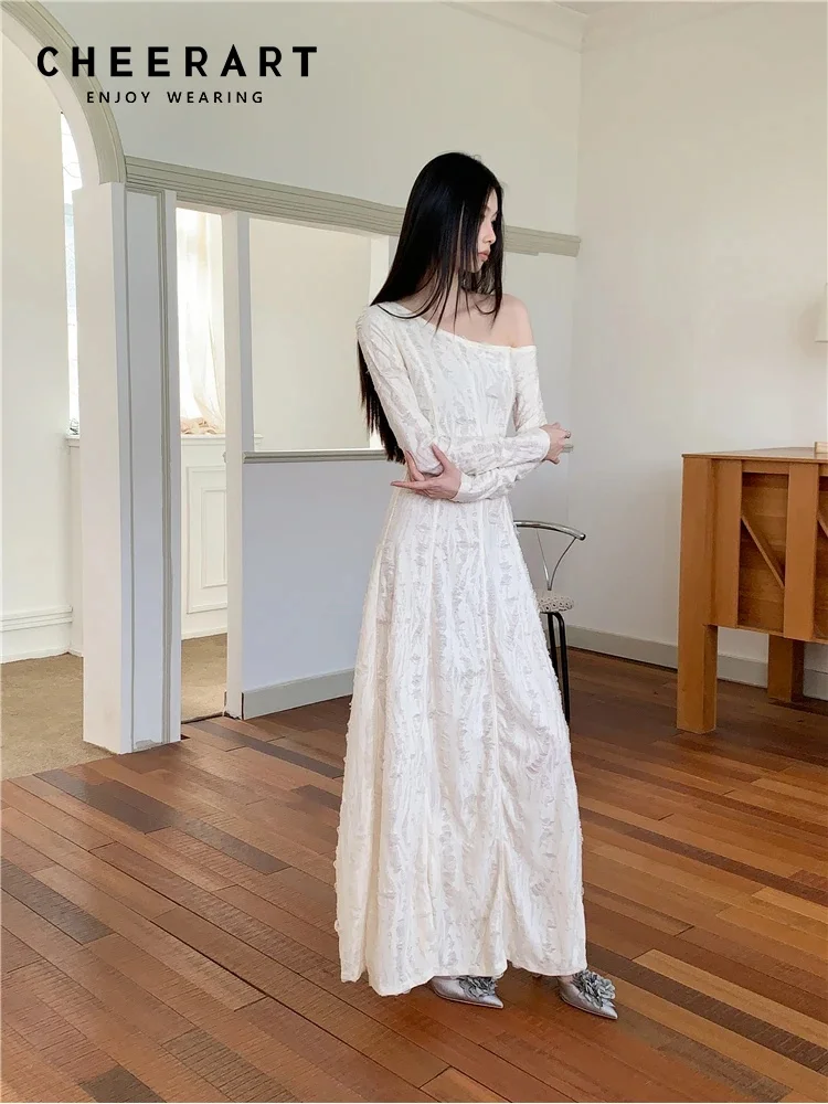 CHEERART One Shoulder Long Sleeve Knitted Maxi Dress Women White A Line Rip Tunics Long Dress Elegant 2024 Fall Fashion Clothes