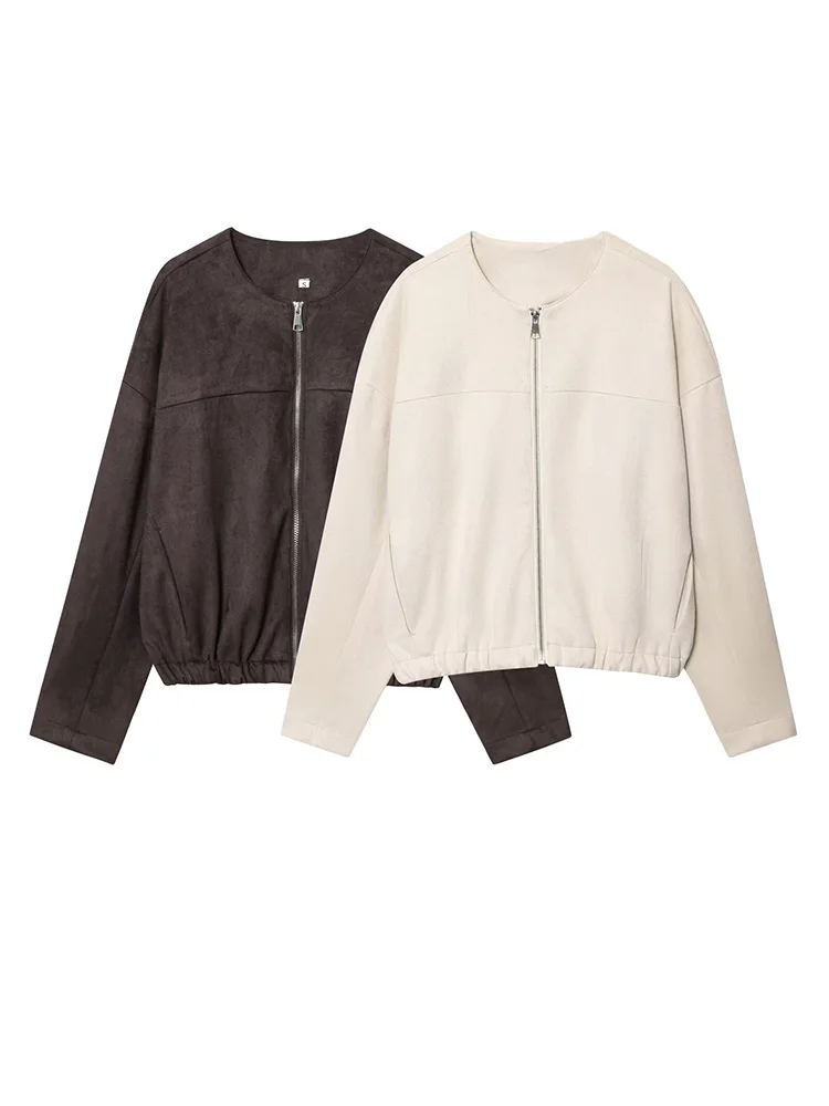 

HH 2026 Women New Zipper Side Pockets Solid Bomber Jacket Fashion Female Loose Casual O-Neck Long Sleeves Slim Street Short Coat