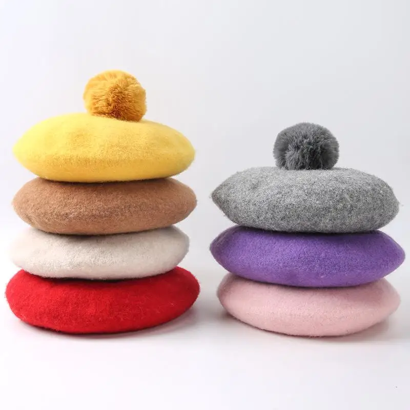 RH Pompoms Fur Ball Wool Felt Beret Hat Octagonal Plain Beanie Plain Female Mommy Girls Parent Cute Warm Hat