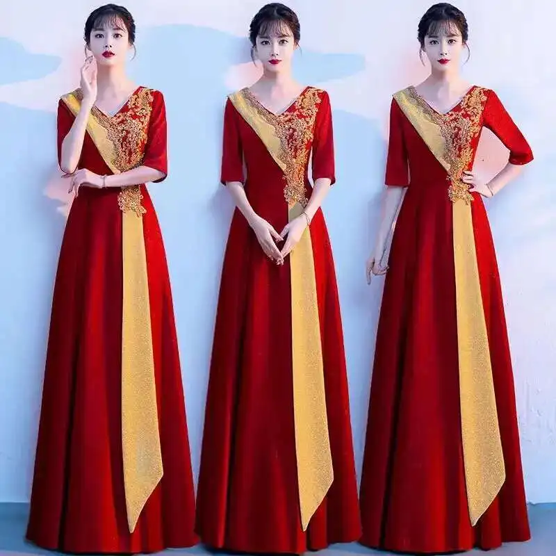 

New Style Choir Group Performance Singing Competition Costume Women's Long Dress University Student Gold Red Adult Dress