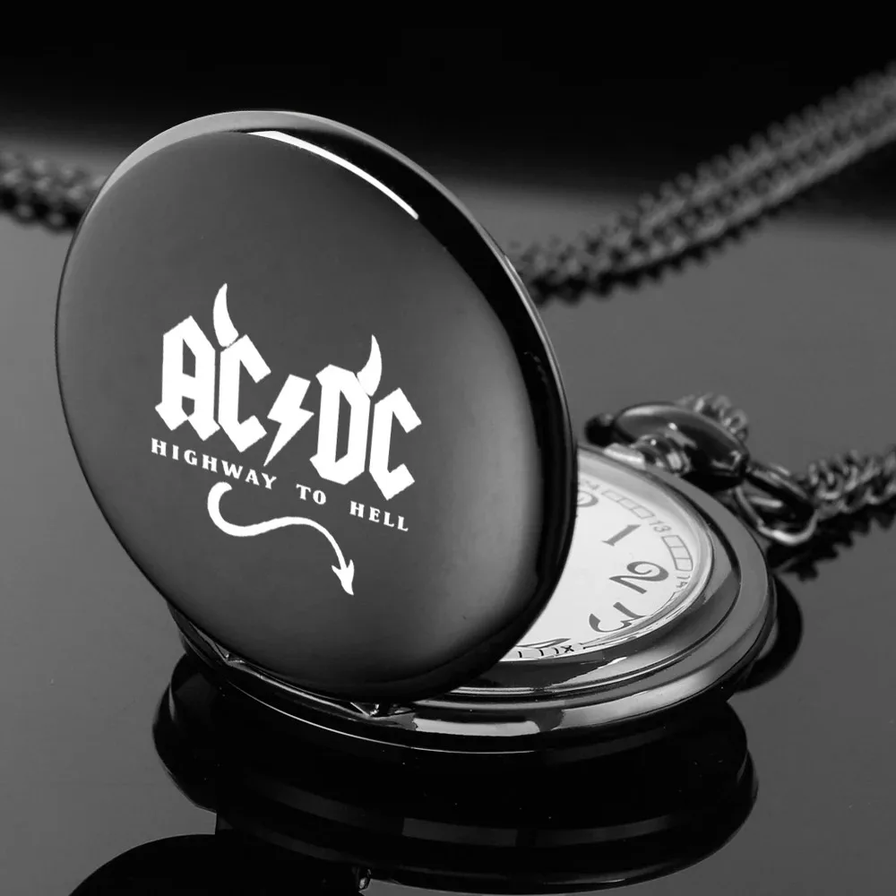 Vintage AC and DC Rock Band Engraved Unique Quartz Pocket Watch Necklace Clock Pendant Gift for Women Men Kids Reloj De Bolsillo