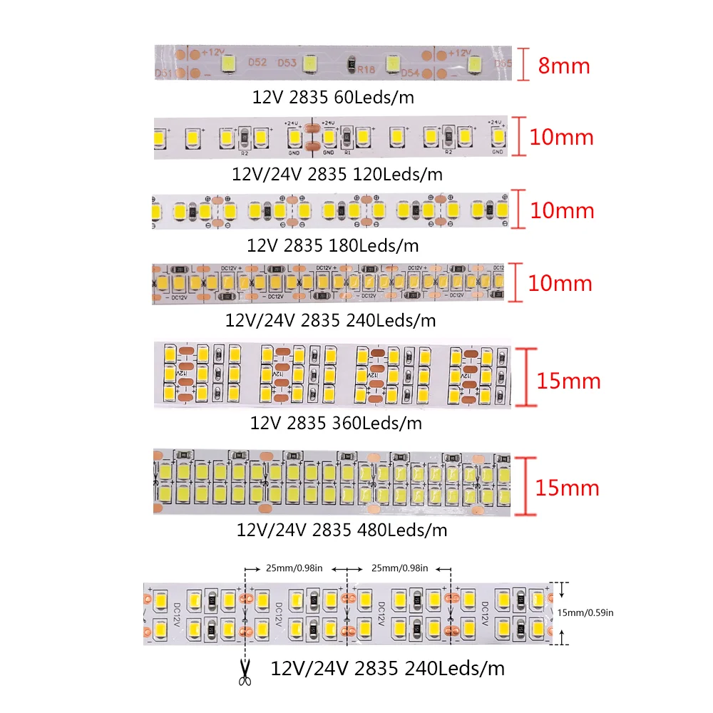 High Quality 2835 LED Strip Light 5m 10m 20m Waterproof Led Tape Ribbon Diode 120/240/480 LEDs/M Flex Led Light Stripe 12V 24V