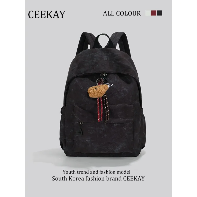 2026 New CEEKAY Tie-Dye Backpack, Casual School Bag with Plush Bear Pendant, Large Capacity Travel Backpack for Teen Girls