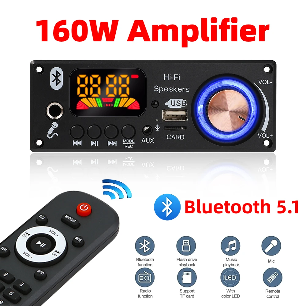 160W Amplifier Bluetooth Decoder Board DIY 12V 6.5mm Microphone FM Radio TF USB Car Audio Music Player Speakers Volume Control