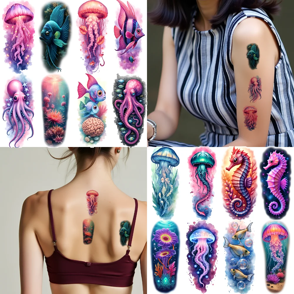 9pcs Temporary Tattoo Colorful Fish Colorful Realism Seahorse Octopus Waterproof Long-lasting Body Stickers For Men Women