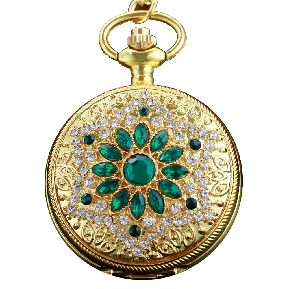 Exquisite Luxury Gold Green Gem Magic Diamond Digital Quartz Pocket Watch Women's Necklace Clock Fashion Accessories Gift