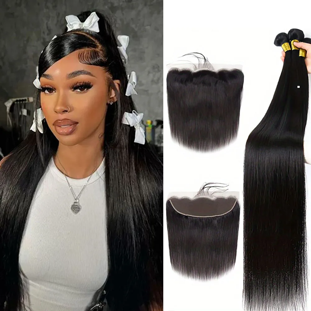 骨ストレート人毛バンドル、レース前頭ブラジリアンヘア織りバンドル、13x4 透明レース前頭閉鎖付き