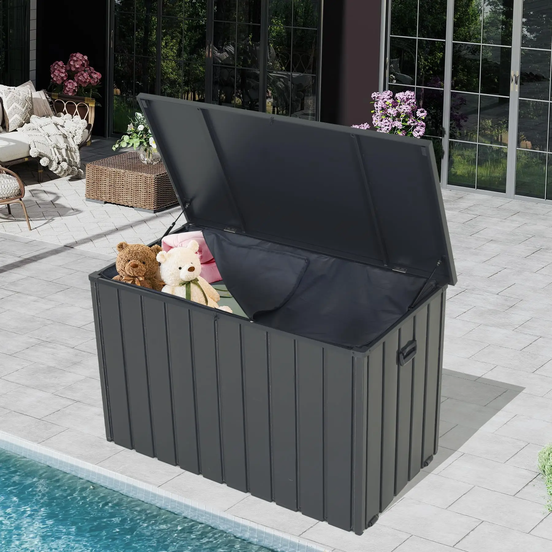 

200-Gallon Metal Deck Box Built-In Oxford Fabric Storage Bag Lockable Waterproof Patio Storage Box Outdoor Furniture