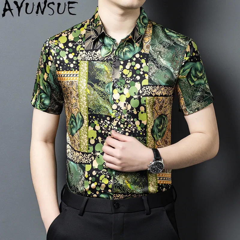 AYUNSUE 92% Mulberry Silk 8% Spandex Shirts for Men Summer Fashion Casual Shirt Short Sleeve Satin Tops Man Clothing Green Shirt