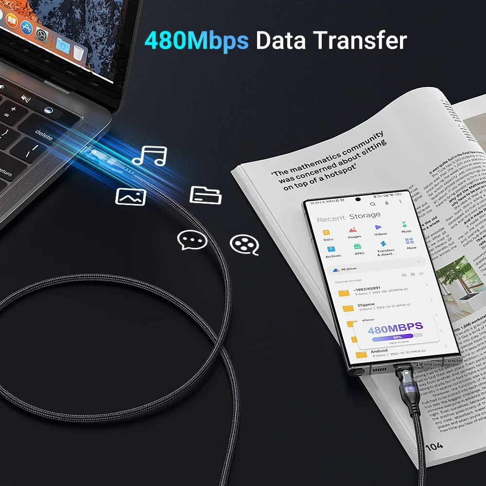 AUFU USB-C zu Typ-C Handy-Datenkabel 240W 5A Schnellladekabel für Samsung OPPO MacBook Laptop 180-Grad-Typ-C-Kabel 3M – Detail 4