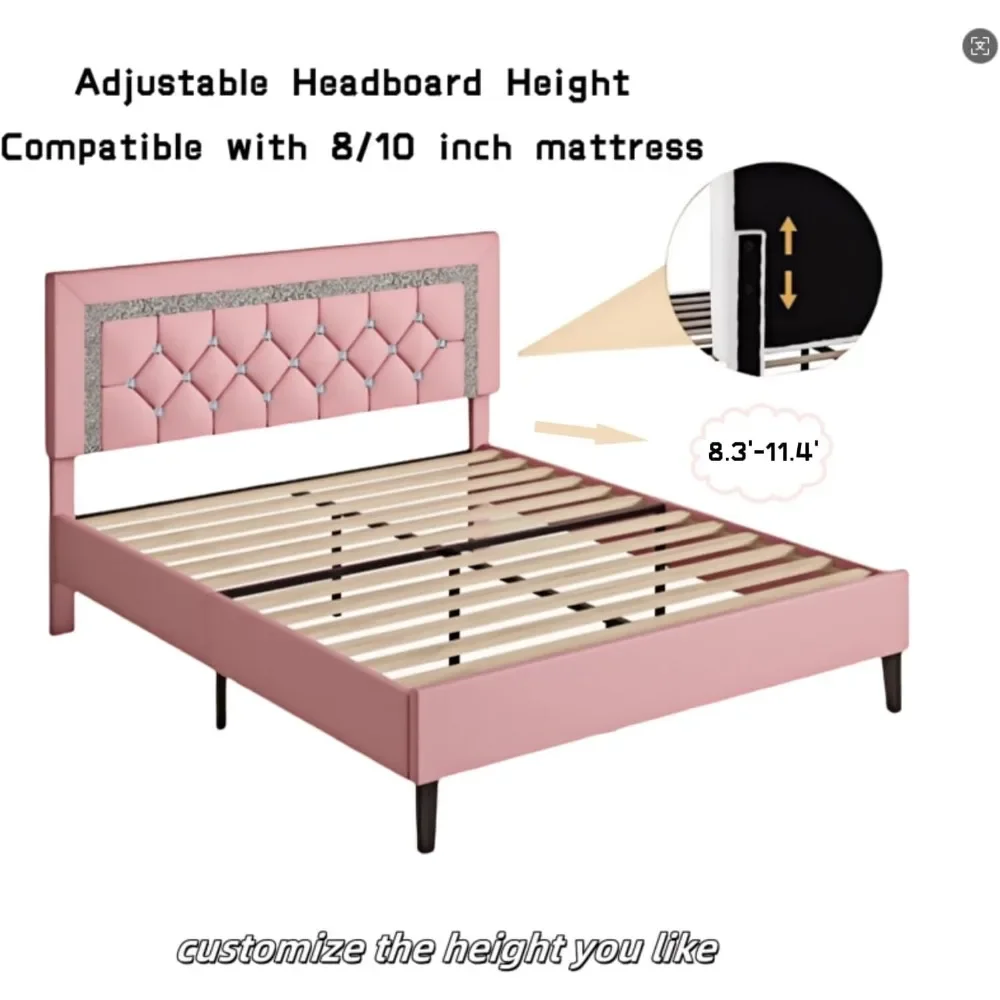 إطار مع لوح رأسي معنقدة بزر، إطار سرير بمنصة منجدة بتصميم ماسي، دعم شريحة خشبية