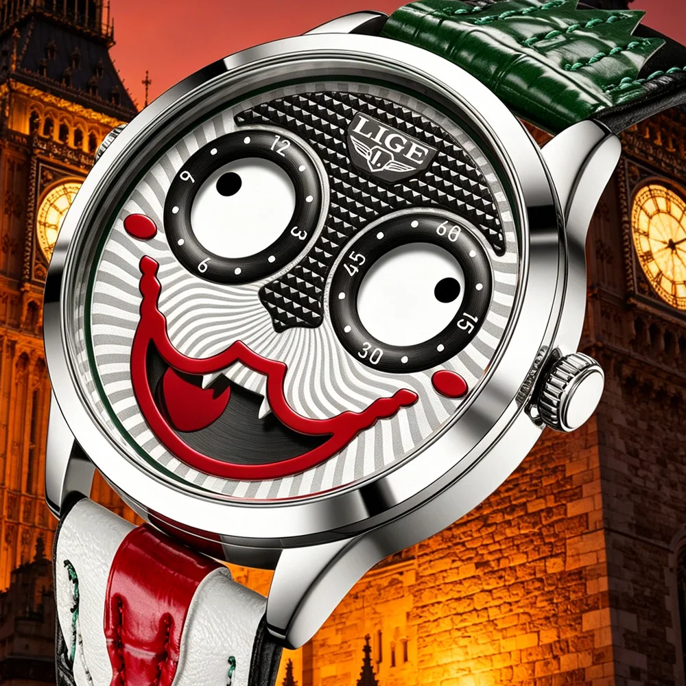 LIGE Kreative Uhren für Herren Clown Mode Quarz-Armbanduhren Wasserdicht mit Lederarmband Herrenuhr Coole Joker-Uhr Reloj Hombre