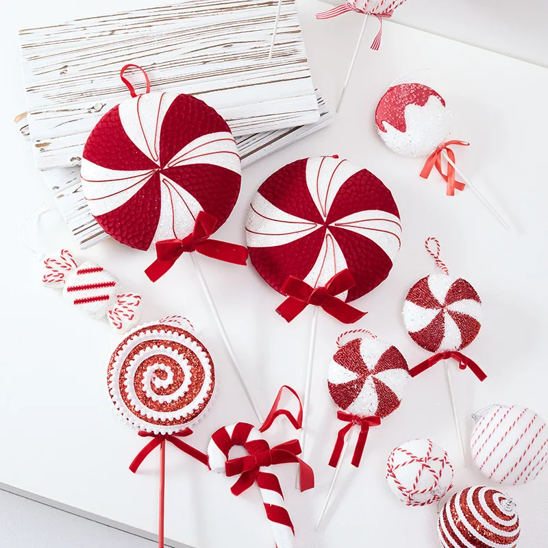 Red And White Velvet Candy Lollipop Cane Gift Box Ball Christmas Tree Pendant Hanging Decoration For Christmas New Year Party