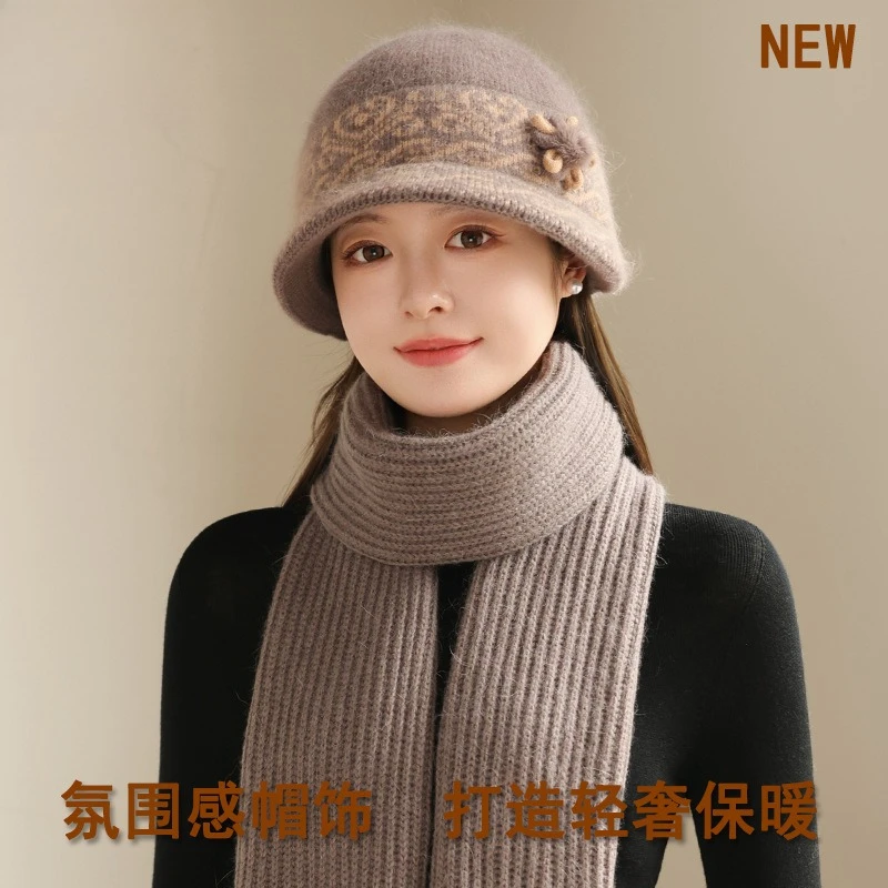 Totem Jacquard in The Elderly Mother Bucket Hat Versatile Foreign Style Knitted Wool Hat Thickened Cold Warm Basin Hat