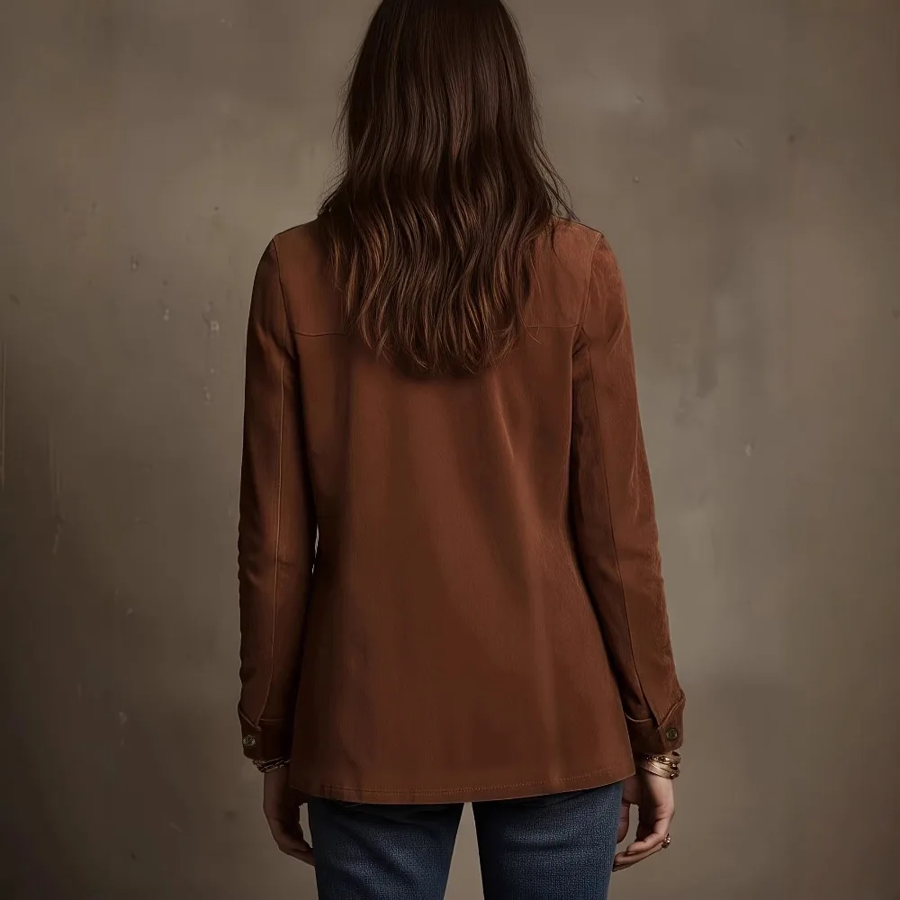 Women's Vintage Brown Suede Jacket Button Down Multi Cargo Pockets Slim Fit Long Sleeve Casual Autumn Winter Outerwear Coat