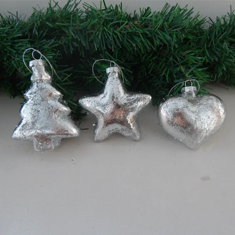 

Free Shipping 6pcs/pack Different Shape Silver Sheet Glass Pendant Christmas Hanging Decorative Handmade Gift Tree Star Heart