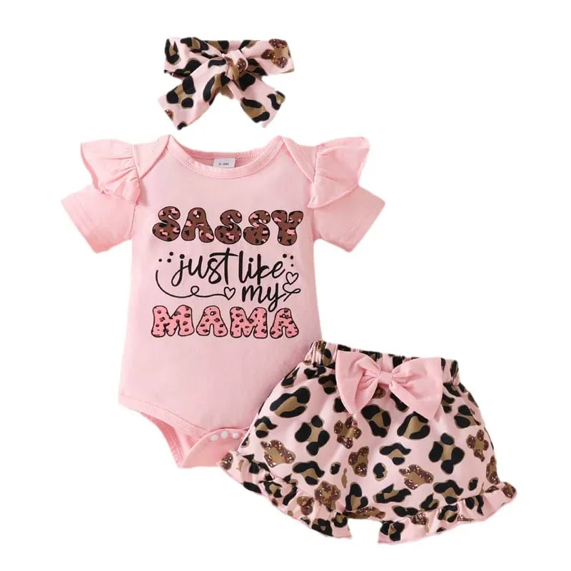 

Summer Baby Girl Clothes 3Pcs Sets Leopard Print Letter Short Sleeve Onesies Bow Shorts Hair Band Newborn Outfits 0-18 Months