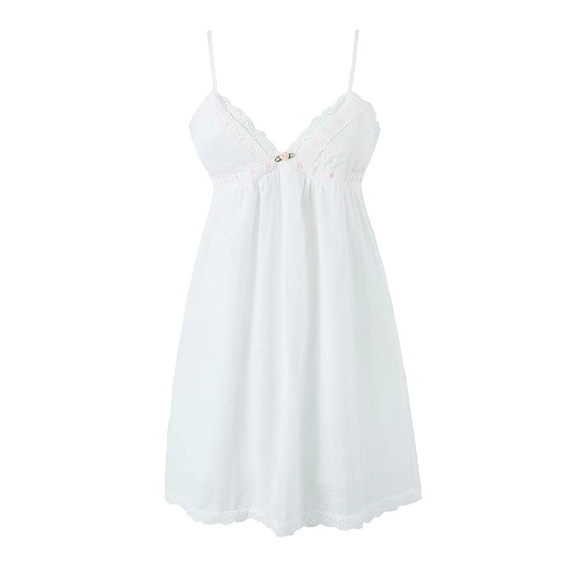 

Summer Dress 2023 Women Lace Trim Bow V Neck Sleeveless White Sling Mini Dress Casual Robe