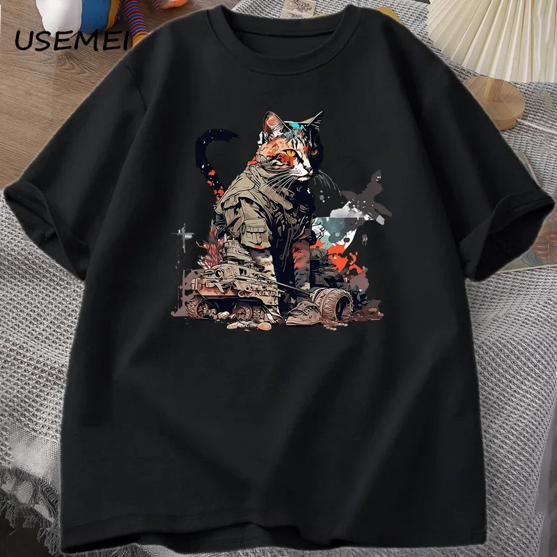 Courageous Cats in Combat T Shirt for Men Casual Cotton O Neck T-shirt Funny Cat Print Short Sleeve T-shirts Streetwear