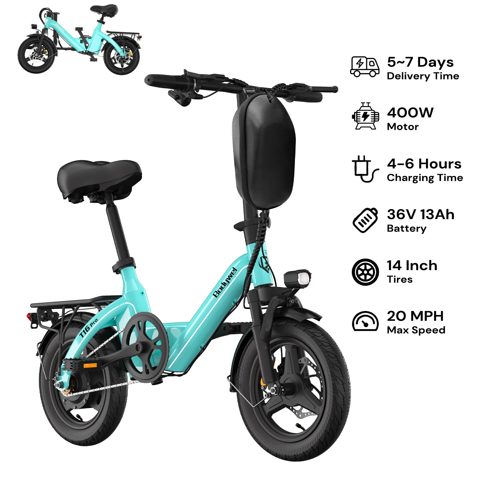 

Folding Electric Bike 400W UL Certified, 36V 13Ah, 30 Mile Range, Compact Fold,Dual Disc Brakes, US Stock E bike Bodywel T16pro