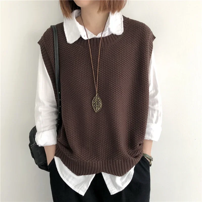 Women Sweater Vest Irregular Hem Loose Sleeveless Waistcoat Solid O-Neck Knitted Vest for Women Autumn Winter Pullovers