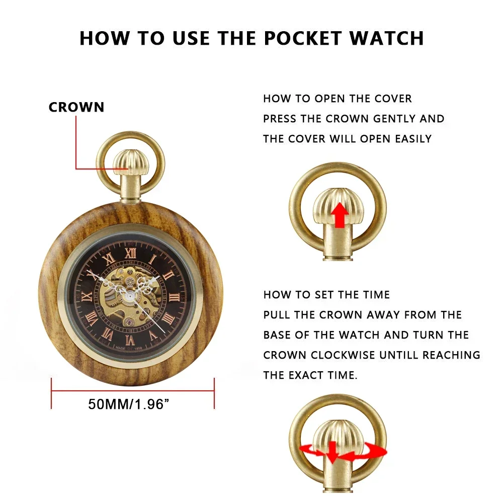 Wooden Mechanical Pocket Watch Automatic Self-Wind Pocket Pendant Clock Luxury Watch for Men Women with 30cm Bronze Chain