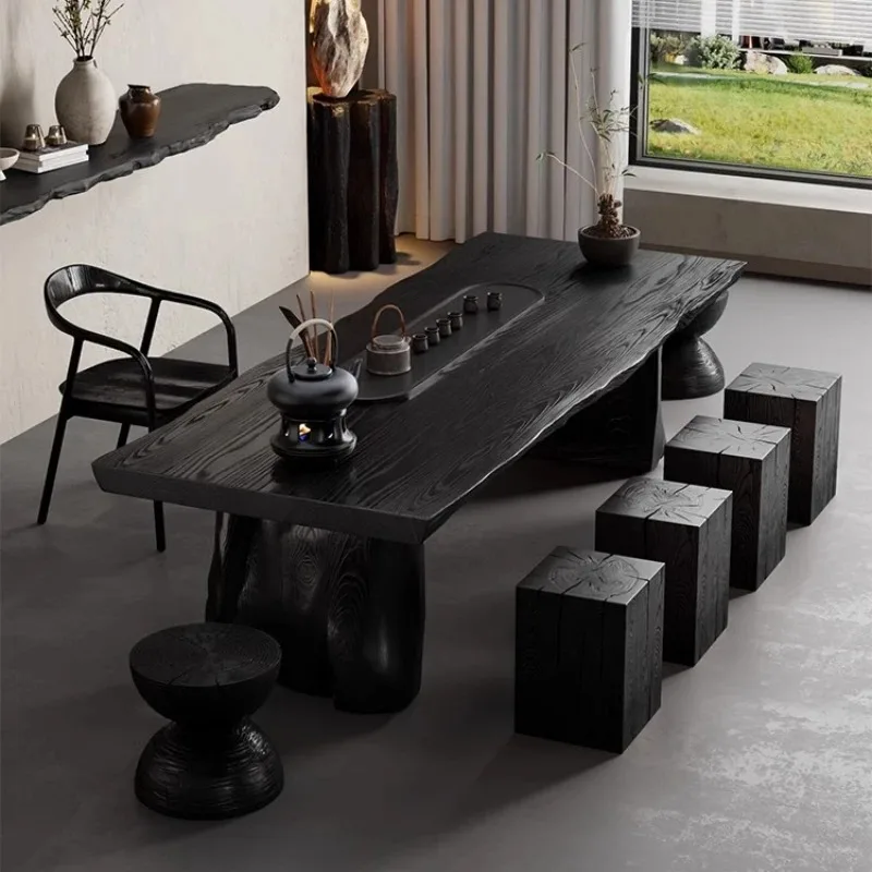 

Wabi Sabi wind large board tea table, carbonized black solid wood modern coffee table