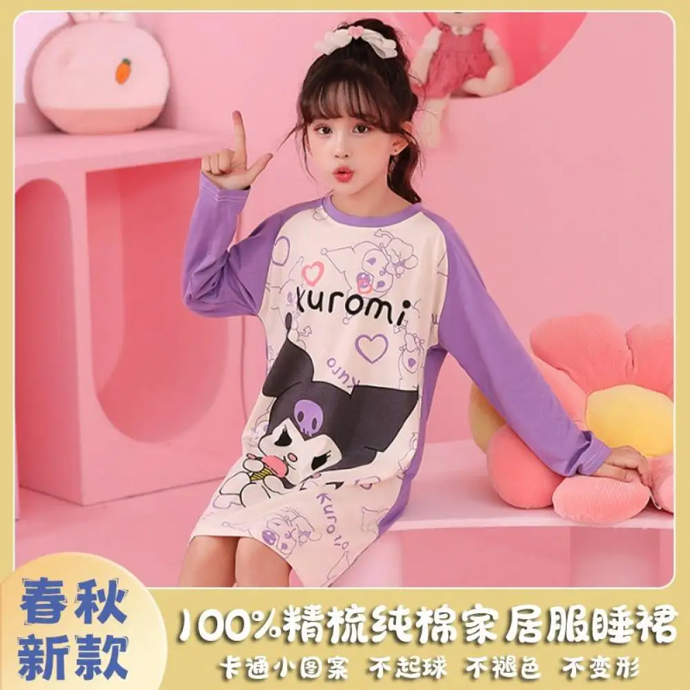 New Spring Girls Pajamas Dress Kuromi My Melody Cartoon Cinnamoroll Sanrio Kawaii Children's Kids Long Sleeved Cotton Nightgown