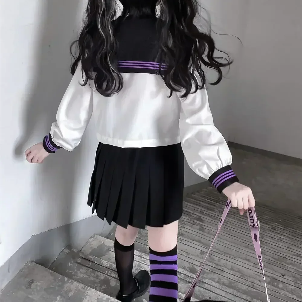 Uniforme da ragazza delle scuole superiori Abito da marinaio giapponese Seifuku Cravatta viola Studente coreano Kawaii JK Uniforme Cosplay Gonna in pelle nera