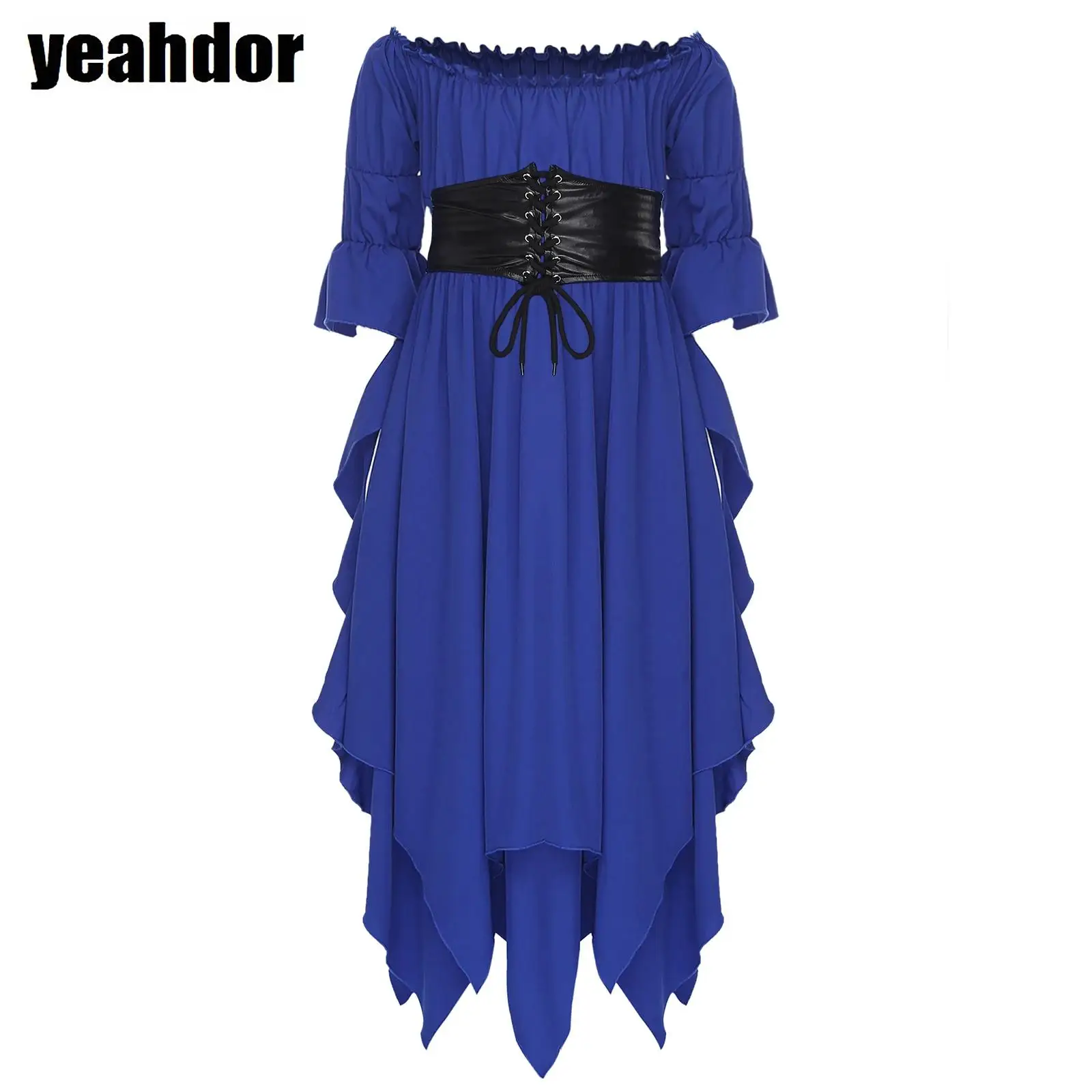 

Средневековый костюм эпохи Возрождения для девочек, платье принцессы в викторианском стиле с открытыми плечами и рукавами 3/4, корсет из искусственной кожи, готическое платье на Хэллоуин