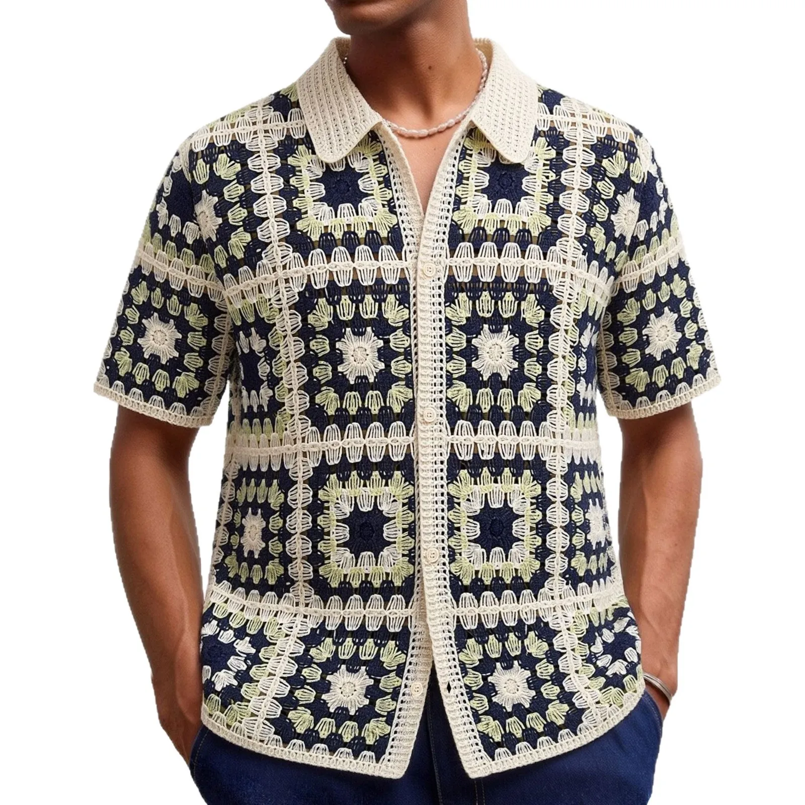 Men's European and American checkered crochet hollow knitted shirt with collar, short sleeved casual cardigan, polo shirt top