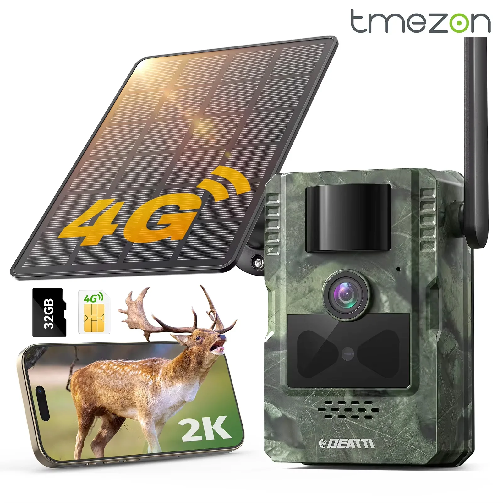 4G LTE Wildtierkamera mit App, 2,7K Solar-Jagd-Wildkamera mit SIM-Karte, Fotofalle, PIR-Bewegungssensor, Nachtsicht, 32G SD-Karte