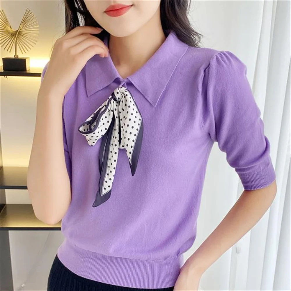 

Short Sleeve Knit Women's Pullover Sweater Lapel Neck Tie Elegant Top