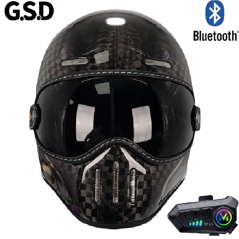 Carbon Fiber Retro Motorcycle Helmet with Bluetooth Earphones Full Face Racing Off-road Helmet Men Cascos Para Moto for Harley