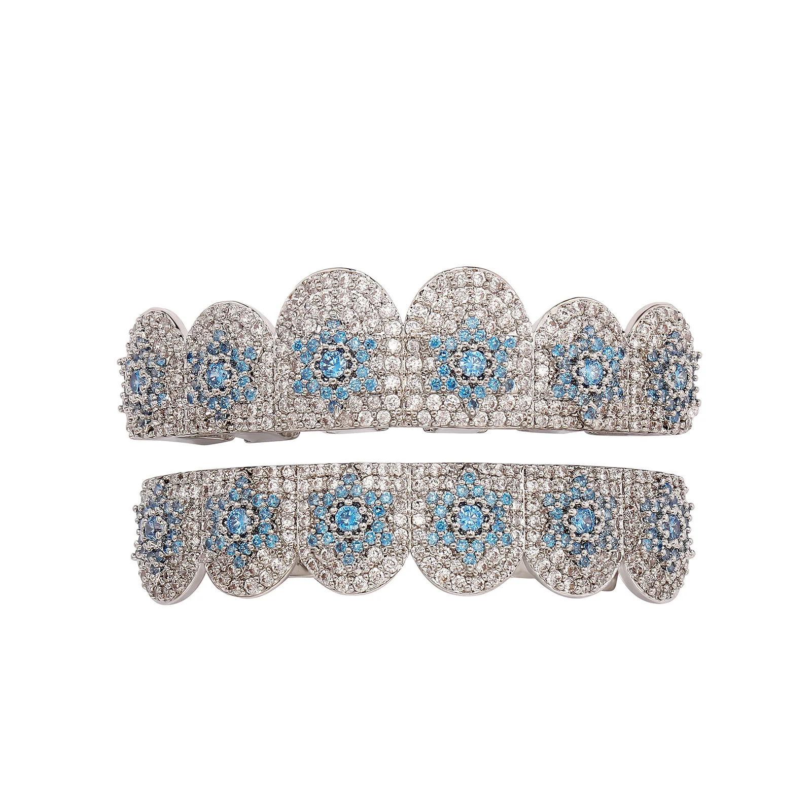 New Arrival Blue CZ Star Grillz Teeth Jewelry Bling Double Row Mouth Accessory Hip Hop Style Streetwear Party Gift Wholesale