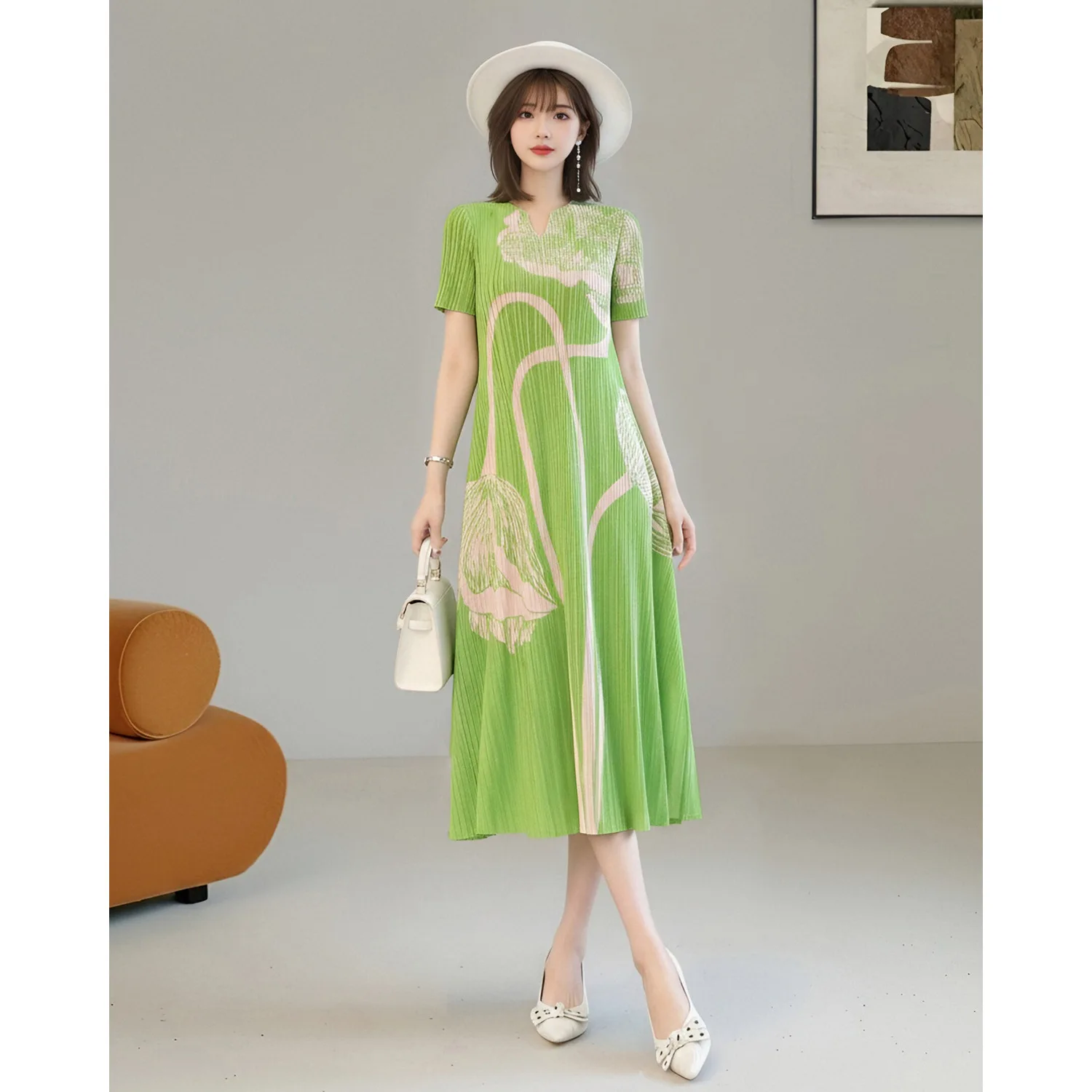 Miyake Pleated Women's Casual Dresses 2026 Summer New Gradient Printed Loose V Neck Short-sleeved Large Swing Dress - view 4