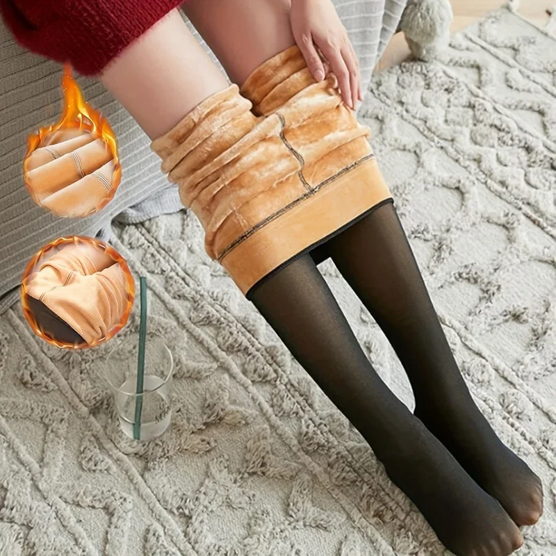 Women\'s Warm Tights Thermal Winter Fleece Tights Ladies Insulated Tights Fake Flesh Translucent Elastic Pantyhose Warm Leggings