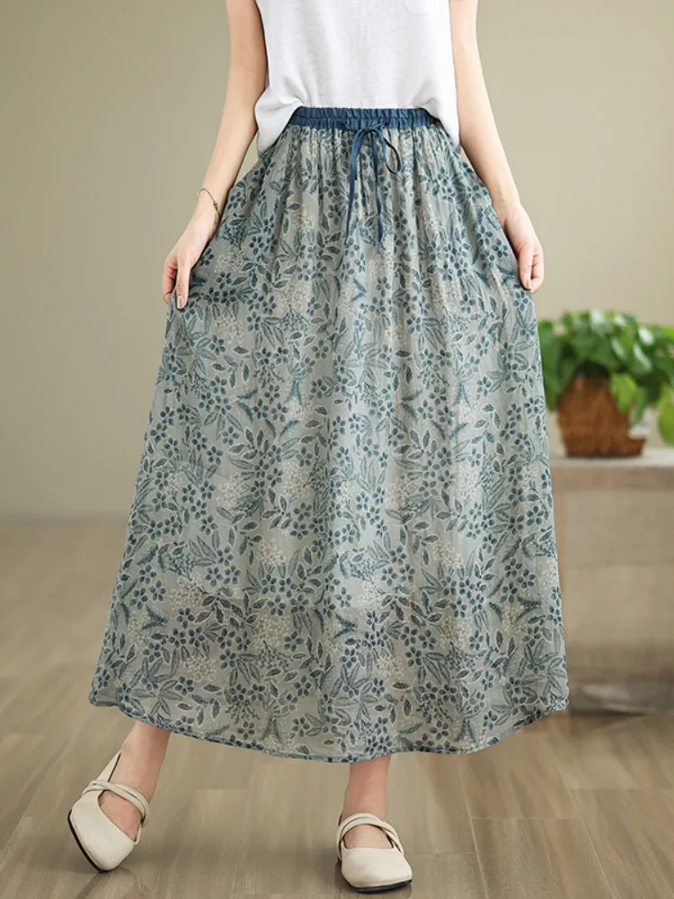 

Retro Hemp Print ftone Skirt Women's High Waist Dstring Color Blo Double Layer Midi A-Line Skirt Summer Commute