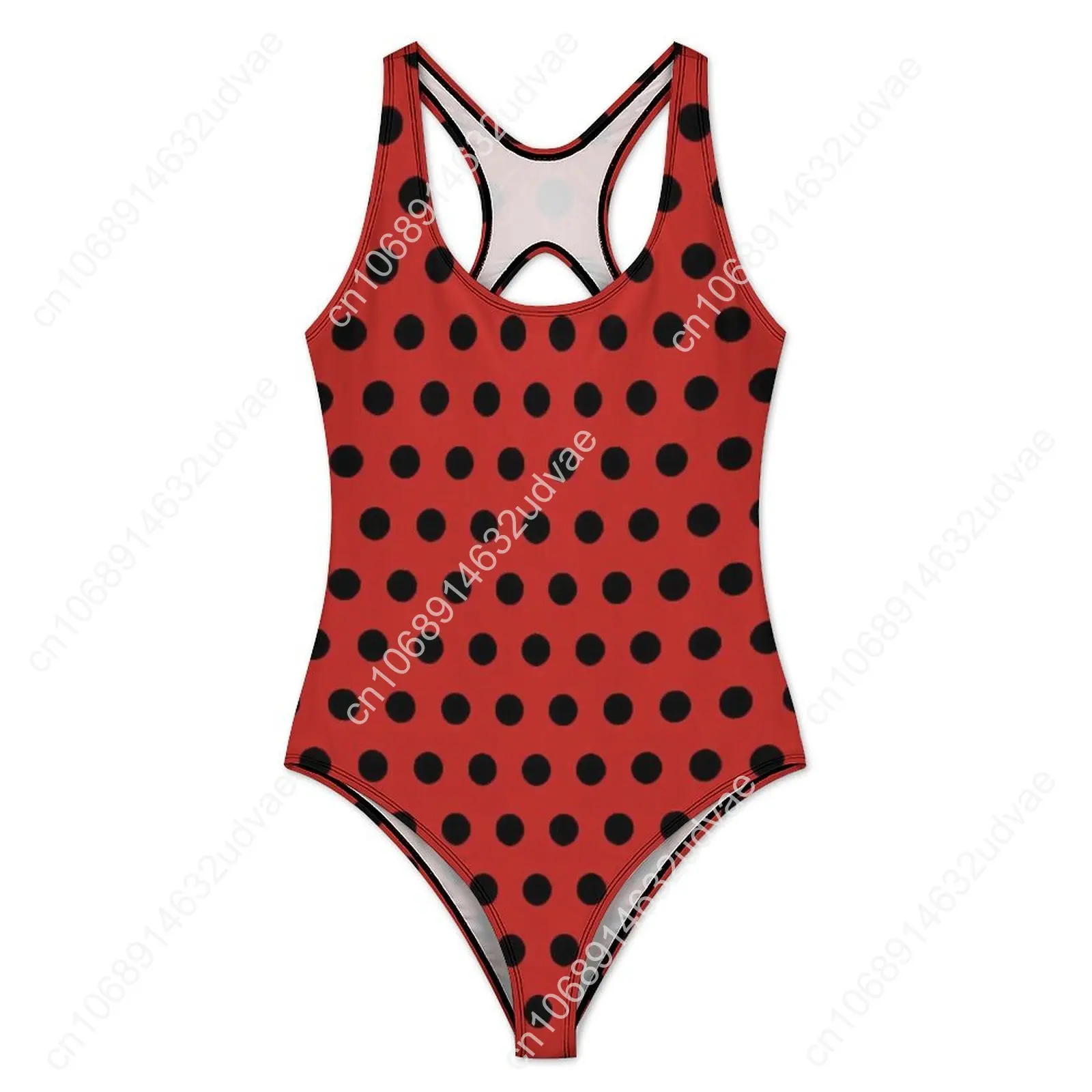 Traje de baño de lunares rojo y negro, traje de baño Vintage de una pieza con lunares, trajes de baño elegantes con realce, ropa de playa Sexy con gráfico