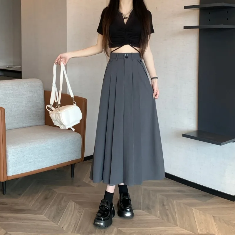 Pleated Skirts Women Solid Sweet High Waist Midi Elegant Fashion Fairycore Autumn New Female All-match Casual Button Design Chic