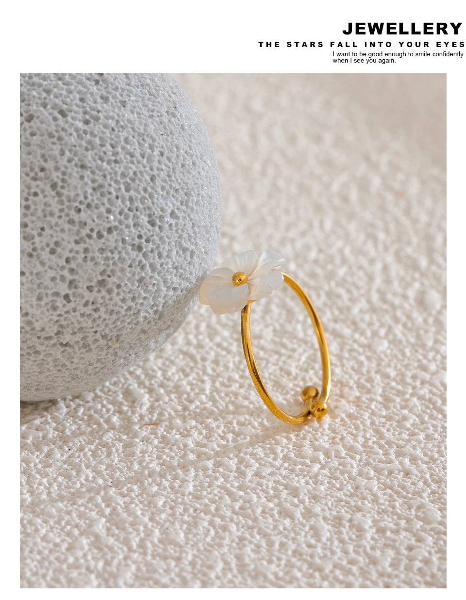 Yhpup Modischer, verstellbarer offener Ring mit natürlicher Muschelblume, süßer Edelstahl, 18 Karat PVD-beschichtet, Sommer- und Alltagsschmuck, Geschenk – Detail 10